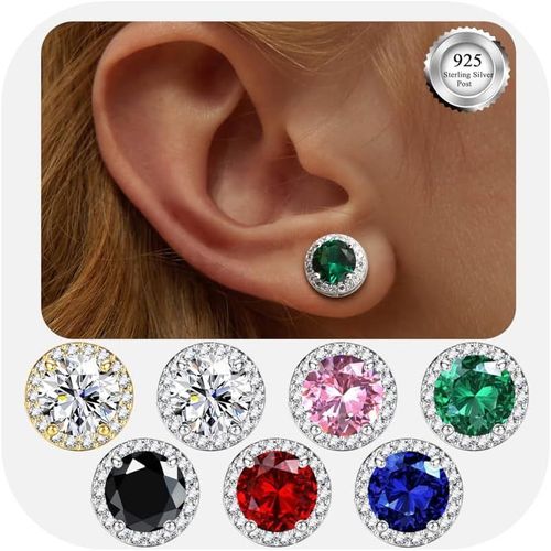 Yemaesre-Boucles D'oreilles Femme Argent 925 - Boucles D'oreilles Rondes Avec Pierre De Naissance - Hypoallergéniques Boucles D'oreilles Clous 8 Mm - Brillant Grandes Boucles D'oreilles Zirconium