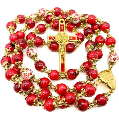 Yemaesre-Store Perles De Corail Rouge Fleurs De Chapelet En Or Collier De Perles Médaille Miraculeuse Et Crucifix De Saint Benoît