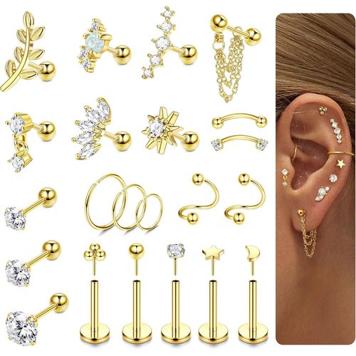 Yemaesre-22pcs Bijoux Piercing Helix Boucles D'oreilles Sans Fil À Fond Plat Clous D'oreilles Boucles D'oreilles Tragus En Acier Chirurgical Hypoallergénique Tragus Piercing Bijoux Or/Argent/Or Rose