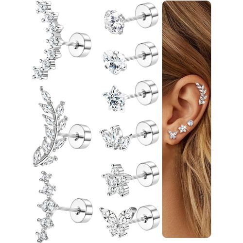 Yemaesre-9pcs Boucles D'oreilles Femme Acier Inoxydable Piercing Tragus Helix Hypoallergène Piercing Oreille Or Argent Boucles D'oreilles Oreille Piercings Conch Tragus Helix Piercings