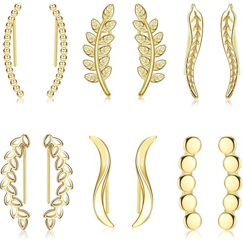 Yemaesre-6pairs Boucles D'oreilles Femmes Et Filles Boucles D'oreilles Grimpantes Crochet Oreille Clips Cartilage Oreille Wrap En Forme De Feuille Plume Onde Linéaire Hypoallergénique Ear Climbers