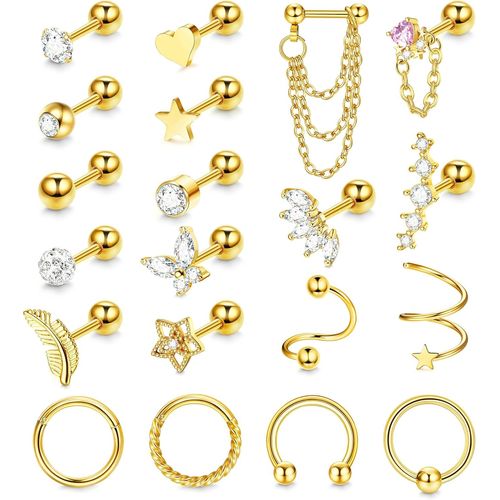Yemaesre-20 Pièces 16g Cartilage Boucles D'oreilles Argent/Or Piercing Tragus Acier Chirurgical Pour Femme Plume Coeur Étoile Hoop Boucles D'oreilles Piercing Oreille Tragus Helix Conch