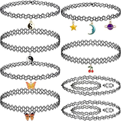 Yemaesre-12 Pièces Colliers Ras Du Cou, Collier Tatouage Ras Du Cou, Style Des Années 90 Élastique Collier Ras Du Cou Pour Femmes Filles, Choker Chaîne Ensemble, Pour Femme - Noir