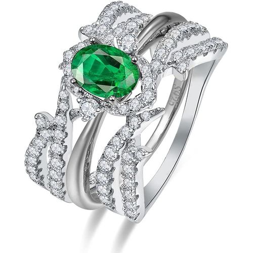 Yemaesre-Bague De Mariage 3pcs En Argent Sterling 925 Pour Femme Bague De Fiançailles En Zirconium Cubique Pour Elle Bague D'émeraude Créée Verte À Taille Ovale 1ct