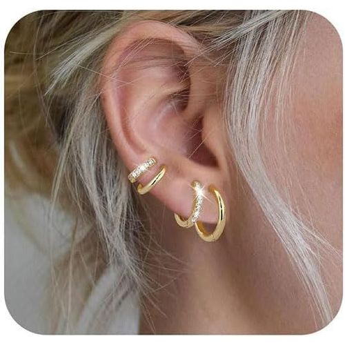 Yemaesre-Lot De 4 Paires De Petites Boucles D'oreilles En Or Pour Femme - Tendance Et Délicates - Plaqué Or 14 Carats - Zircon Cubique - Hypoallergéniques - Cadeau, Or, L