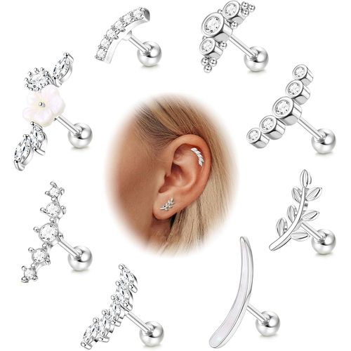 Yemaesre-8 Pcs 16g Piercing Oreille Cartilage Boucles D'oreilles Femme Acier Inoxydable Fleur Opale Zircone Brillante Percing Au Oreille Piercing Tragus Argent Or Piercing Helix