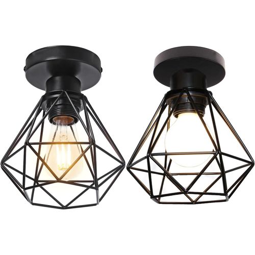 Yemaesre-Plafonnier Industrielle Vintage Design Rétro Cage En Métal Fer Forge, Suspension Luminaire E27 Lampe De Plafond Diamant Ø16cm (2pcs Noir)
