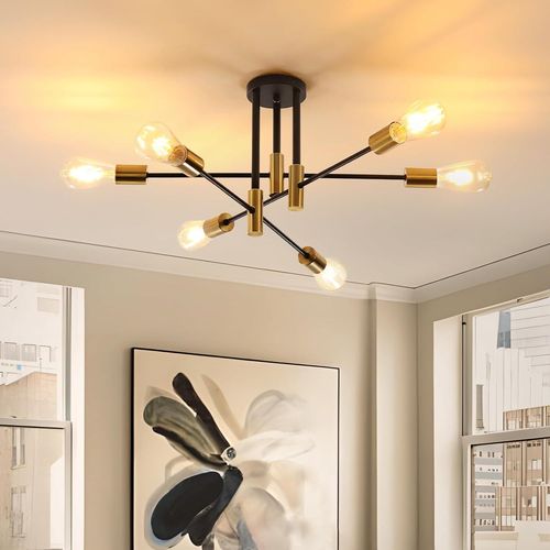 Yemaesre-Plafonnier Lustres Industriel, 6 Lumières Plafonnier Vintage Noir Or Suspension Luminaire Moderne Pour Salon Chambre Cuisine Restaurant Bar Café, Douille E27 (Sans Ampoules)