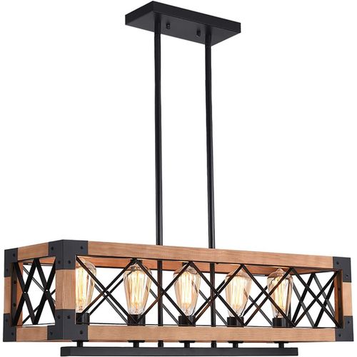 Yemaesre-Suspension Bois, Rétro Lustre 5-Lumière, Table Îlot Suspension Luminaire, E27 Métal Pour Salle À Manger, Cuisine (Sans Ampoules)