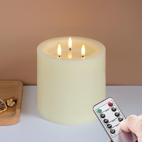 Yemaesre-3-Mèches 15x15cm Grandes Bougies Led Sans Flamme Avec Télécommande Et Fonction Minuterie,Ivoire Bougies 3d-Mèches En Cire Véritable Fonctionnant Sur Piles Et Vacillantes