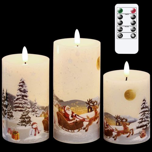 Yemaesre-Lot De 3 Bougies De Noël Sans Flamme Vacillantes Avec Minuterie À Distance - Mèche 3d - Bonhomme De Neige Stanta - Bougies Led En Cire Véritable Pour Décoration De Noël - Alimentées Par 2