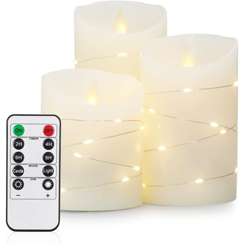 Yemaesre-Bougies Led Bougies Sans Flamme 4"" 5"" 6"" Lot De 3, Lumières De Bougies, Bougies À Piles Piliers En Verre Gris Mode De Flamme De Mèche Scintillante Réaliste