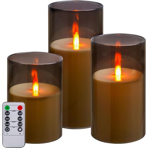 Yemaesre-Lot De 3 Bougies Sans Flamme À Led Avec Télécommande Et Minuteur, Mèche 3d Analogique Alimentée Par Piles En Acrylique Pour Une Romantique Et Décoration D'intérieur (Gris)