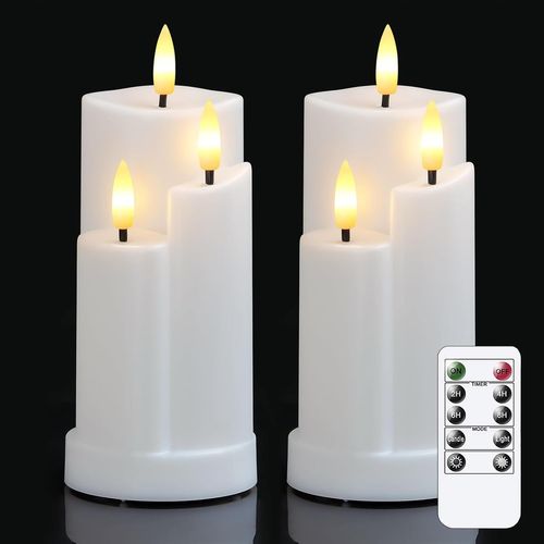 Yemaesre-Lot De 2 Bougies Sans Flamme À 3 Mèches En Plastique Led Blanc Avec Télécommande, 7,5cm X15cm Bougies Pilier À Piles Fonctionnant Par Scintillement Et Minuterie