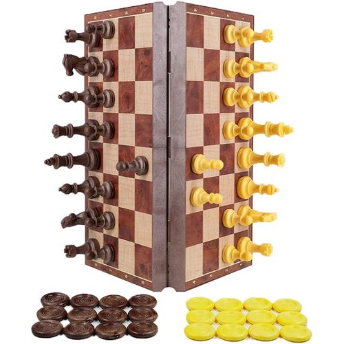 Baertmy-Jeu D'échecs Magnétique 2 En 1 \U2013 Plateau De Voyage Avec Dames \U2013 Plateau Pliable 32 Cm Effet Bois \U2013 Pièces Lestées Avec Feutrine \U2013 Jeu Portable Pour Enfants & Adultes \U201