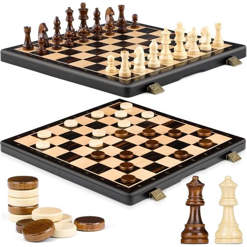 Baertmy-Magnetique Jeu Échecs Et De Dames,Echecs Et Jeu De Dames Pliable En Bois,Grandes Pièces Aimanté Design Echiquier Pour Enfants Et Adultes 38cm