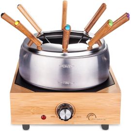 LETNERNY-8320 Wood Fondue 8 Inox - Appareil À Fondue 8 Personnes - Caquelon Inox Anti-Adhésif Grande Contenance 2 Litres - Puissance 800 W - Finition Bambou Véritable