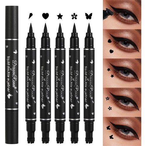 Naeryut-5 Pcs Black Liquid Eyeliner Pen Double Headed Waterproof Smudge Proof Long Lasting Tattoo Makeup Tool (Heart Flower Star Butterfly Triangle Eyeliner Pen Makeup Tool) 