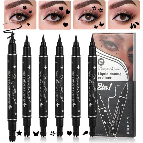 Naeryut-5xdouble Head Set Of Liquid Stamp Eyeliner,Matte Black Eyeliner Pencil,Lazy Eyeliner Stencils Black Stamp Eyeliner Pen Eye Tattoo Makeup-Triangle/Heart/Star/Flower/Butterfly 