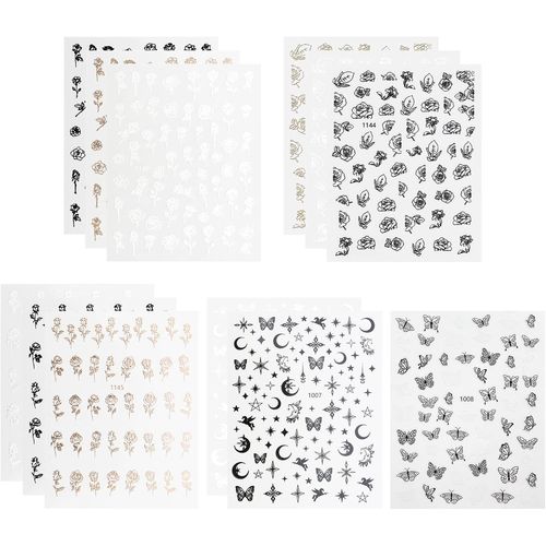 Naeryut-12 Sheets Self-Adhesive Nail Art Stickers Flower Butterfly Moon Stars Pattern Nail Decals Hollow Manicure Diy Nail Decoration 