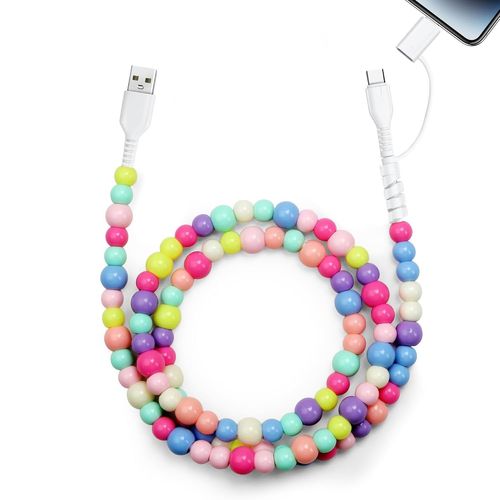 LETNERNY-Câble Usb 2 En 1 Usb C Iphone Chargeur Cable Coloré Perles Charge Rapide Multi Usb Cable Pour Iphone 16/15/14/13Pro Xr/X/8/87/Ipad Pro/Air, Samsung Galaxy S25/S24/S23/A54/A34, Xiaomi