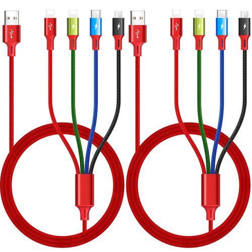 Letnerny-Câble Multi Usb Charge Rapide [1,8m,Lot De 2] 4 En 1 Câble Multi Chargeur Nylon, Câble Multi Embout Avec Lightning/Usb Micro/Type C Pour Iphone16/15/14/13/12/11/Xs/X,Ipad Pro/Air,Galaxy,Pixe
