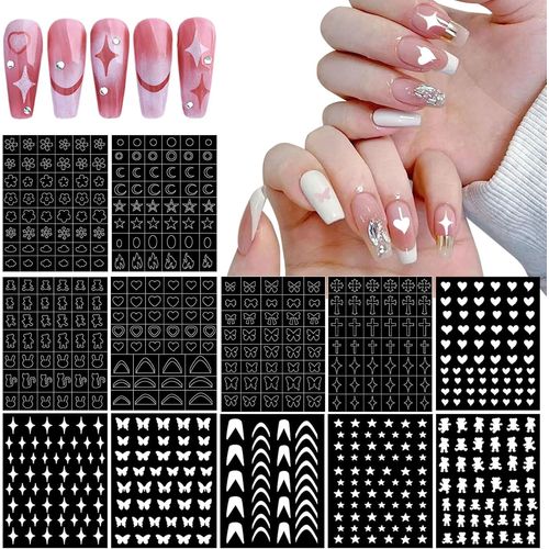 Naeryut-Jrsqt 12 Sheets Nail Stencil Stickers,Self-Adhesive Nail Art Stickers,French Nail Art Stencil,Butterfly Flower Star Pattern Nail Art Stickers For Nail Art Decoration 