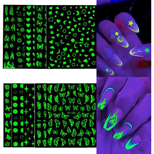 Naeryut-10 Sheets Luminous Nail Stickers,Bright Nail Art Stickers,Nail Art Stickers With Butterfly,Pink,Flame,Moon,Star,Heart For Nails Diy Nail Art 