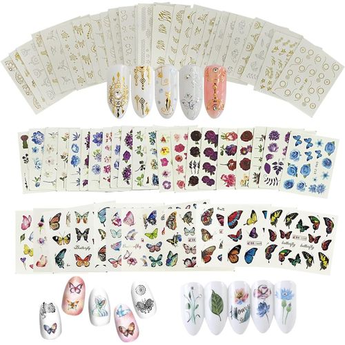 Naeryut-66 Sheets Water Transfer Stickers Nail Art Women Nail Art Stickers For Girls Gel Nail Art Design Diy Gold And Silver Moon Star Butterfly Flowers 