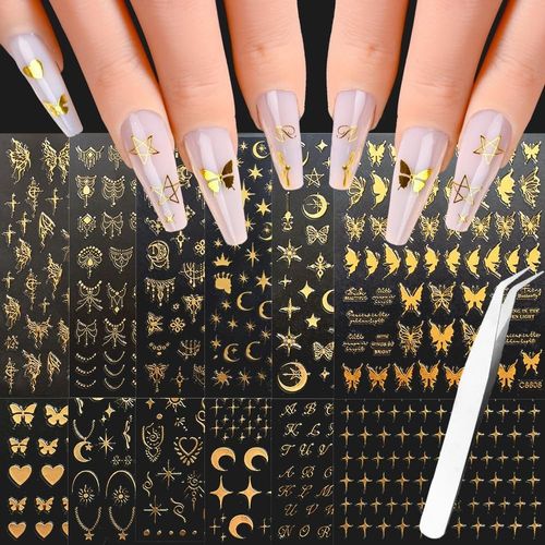Naeryut-12 Sheets Moon Star Butterfly Nail Stickers Nail Art Gold Self-Adhesive Decoration Manicure Decoration For Diy (With Tweezers) 
