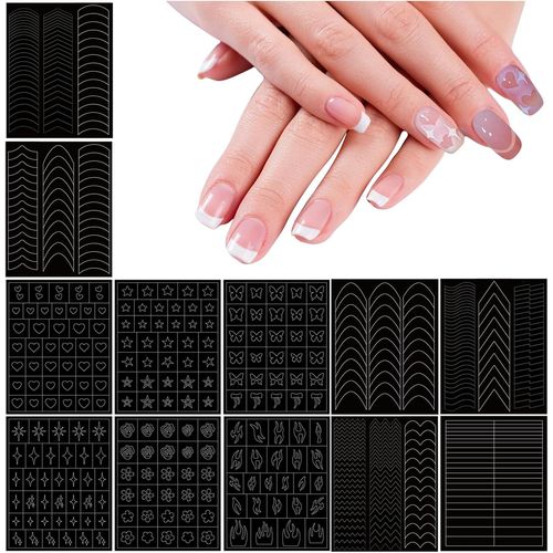 Naeryut-12 Sheets Vinyl Nail Art Stencils Butterfly Star Heart French Nail Stickers Printing Template Stencil Tool Diy For Women Manicure Decoration 