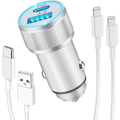 Ershi-Chargeur Voiture Iphone Et Câbles, Prise Allume Cigare Usb C Rapide 38w 2 Ports (Pd/Qc) Et 2x Câbles 1m, Adaptateur Secteur [6