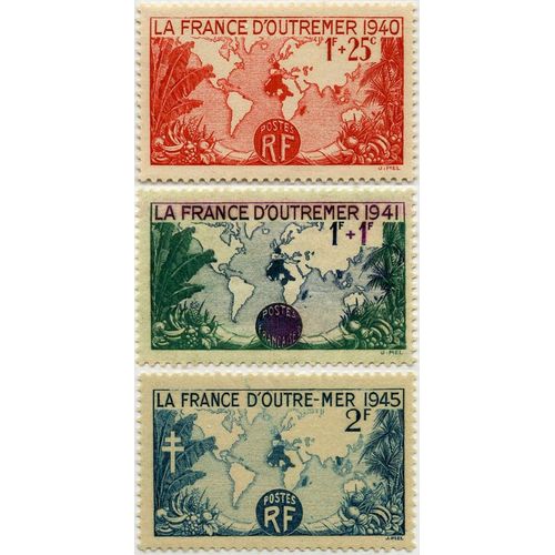 France 1940 / 1945, Très Beaux Timbres Neufs** Luxe Yvert 453 503 Et 741, La France D'Outremer Ou D'Outre-Mer, Avec "Rf", Sans "Rf", Avec "Rf" Et Croix De Lorraine.