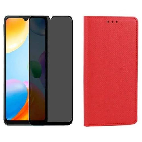 Coque Pour Xiaomi Redmi 13c 4g Rouge + Verre Trempé Anti Espion - Etui Housse Portefeuille Vitre Protection Ecran