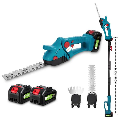 Taille-haies télescopique 3 in 1, perche télescopique 1,6 m, Longueur de Coupe 23cm et 13cm, Tête Inclinée à 90°，Avec 2 x batteries