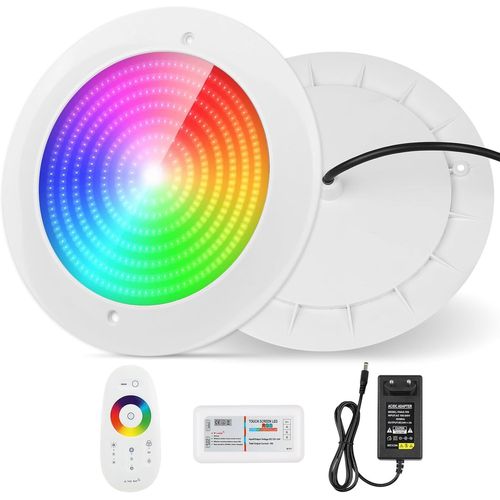 COOLWEST Projecteur Piscine LED Remplie de Résine, 32W Lampe Piscine Extra-Plats RGB Multicolore Synchroniseur Externe avec Télécommande, IP68 étanche, 24V DC, Dimmable, Montage en Surface