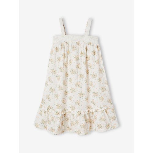 Robe À Bretelles Cérémonie Détail En Broderie Anglaise Fille Détail En Gaze De Coton Rose Imprimé