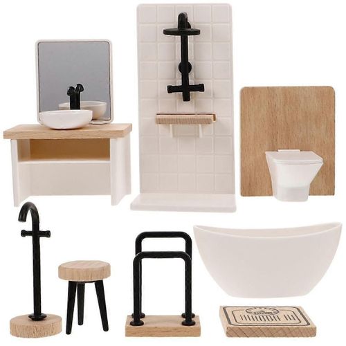 8pcs Salle De Bains Toilette Baignoire Bassin En Bois Armoire De Salle De Bain avec Lavabo Miniature Meubles pour Poupée