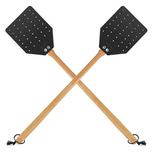 Patette à mouches en cuir pour l'intérieur / l'extérieur, tapette à mouches de service avec poignée en bois de noyer 19,7 pouces de long Fly Swatted Manual 2 Pack