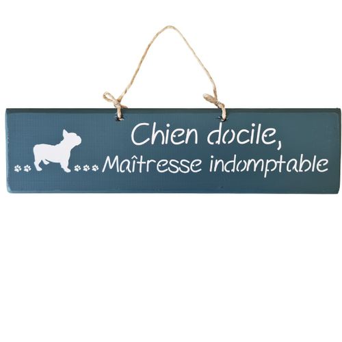Plaque décorative en bois bleu canard - Chien docile