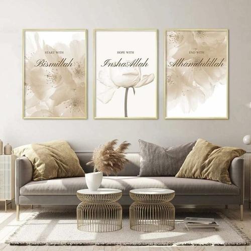 SL.GT Set de 3 Tableau Islamique Calligraphie Dore Fleurs Posters Moderne 30x40cm Affiches Citations Toile sans Cadre