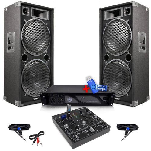 Pack Sono Enceintes 4000W + Mini table de mixage 4 canaux USB MP3 Effets Sound + Ampli AX 3000W+clé USB 32Go