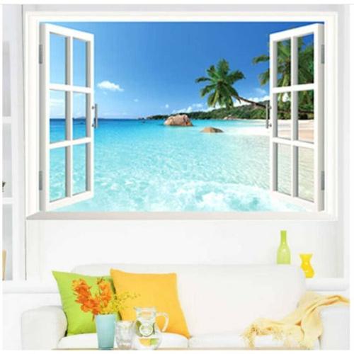 Amovible Plage Mer 3D Fenêtre Vue Paysage Mur Autocollant Décor Stickers Pour Salon Et Chambres 60X90Cm