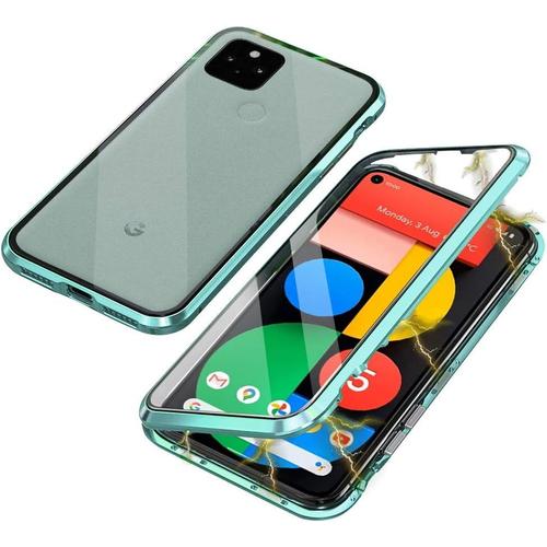 Coque Pour Google Pixel 5 Anti Séparé Avec Adsorption Magnétique Tech Housse 360 Degrés Protection Étui Antichoc Cadre Aluminium Verre Trempé Aimant Fort Métal Flip Cover