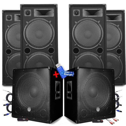 Pack Sonorisation BM SONIC MEGA BASSES Caissons bi-amplifié 18" 46cm 2x1200W , 4 Enceintes 4x2000W+clé USB 32Go