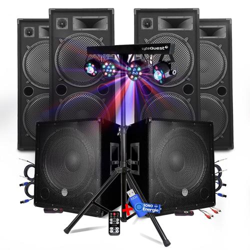 PACK SONO DJ BM SONIC MEGA BASSES Caissons bi-amplifié 18" 2x1200W 4 HP 4x2000W - Portique Eclairage XPerformer+clé USB 32Go