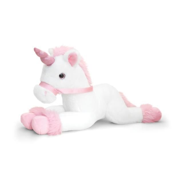 Peluche Licorne Couchée Blanche Et Rose 70 Cm