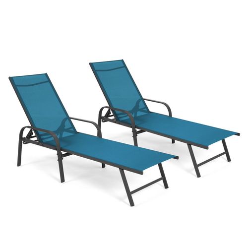 Lot De 2 Transats De Jardin Inclinables Fidji En Acier Gris Anthracite Et Toile Bleu Canard