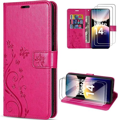 Coque + 2 Verres Trempés Pour Xiaomi Redmi Note 14 Pro 5g (Pas Pour 4g) Synthécuir Motif Relief Floral Papillon Fuchsia - Efconnection