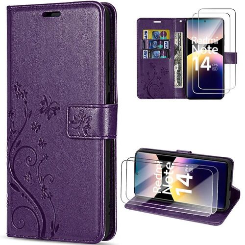 Coque + 2 Verres Trempés Pour Xiaomi Redmi Note 14 Pro 5g (Pas Pour 4g) Protection Effet Cuir Motif Papillon Violet Nuit - Efconnection
